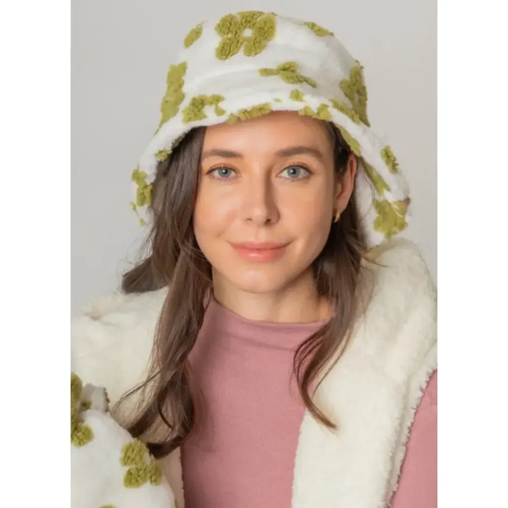 Fadivo New York White & Green Floral Sherpa Bucket Hat